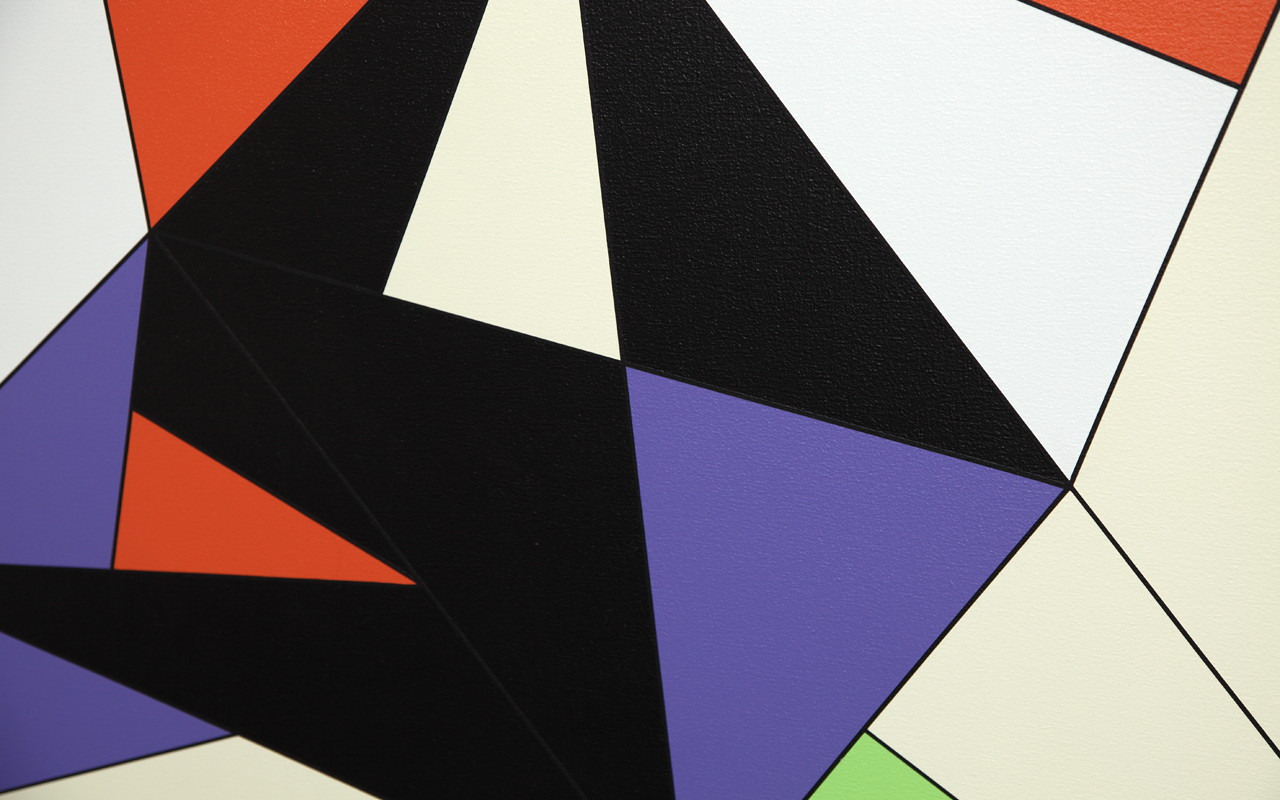 Detail of painting with purple, black, orange and light coloured triangles