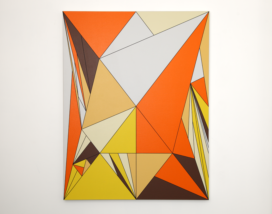 Painting comprising yellow orange, brown and lighter coloured triangles meeting at the centre
