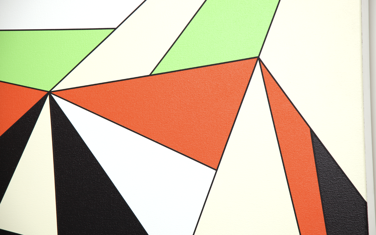 Detail of painting with orange, black, green and light coloured triangles