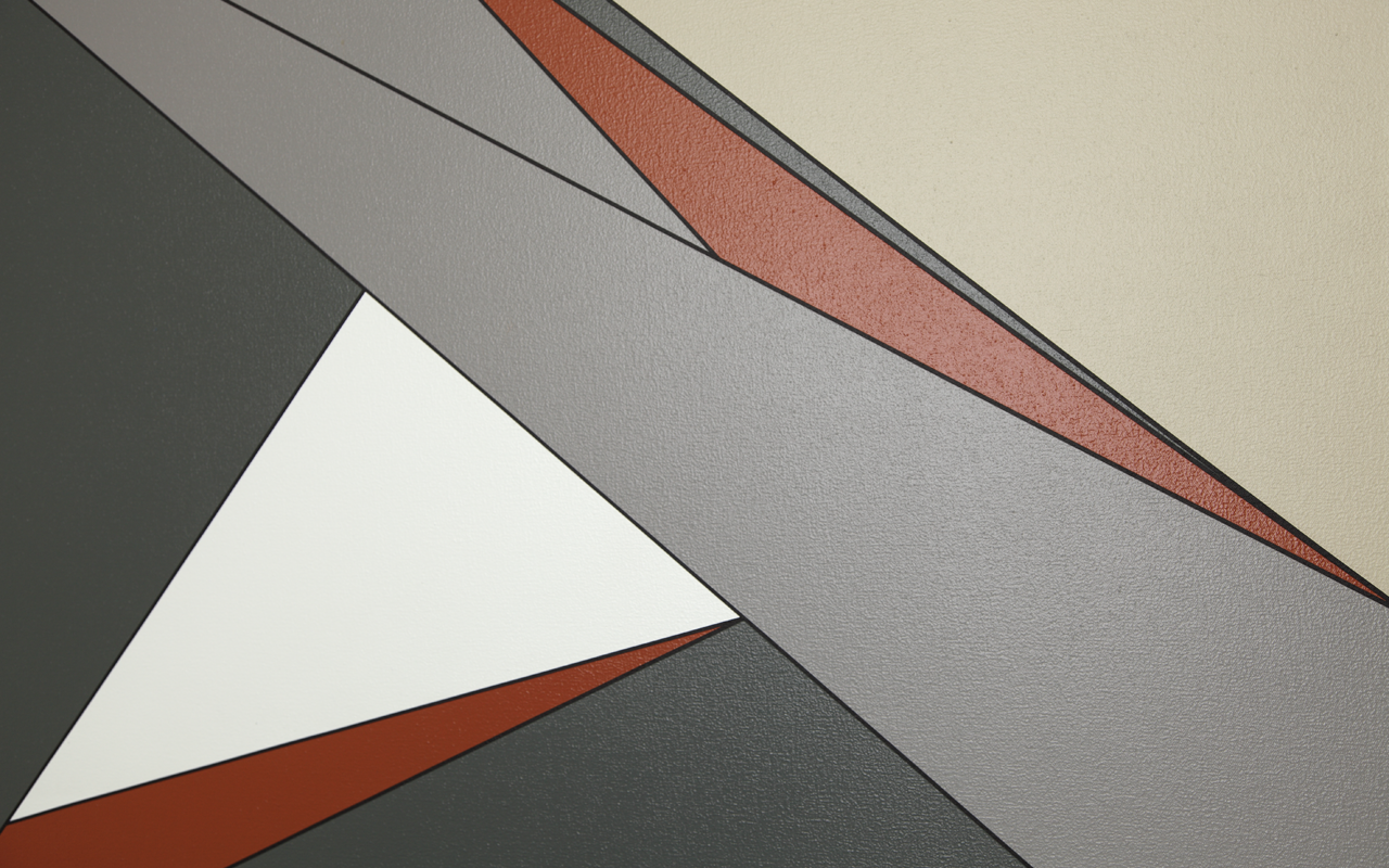 Detail of painting with grey, white and brown triangles in acrylic paint