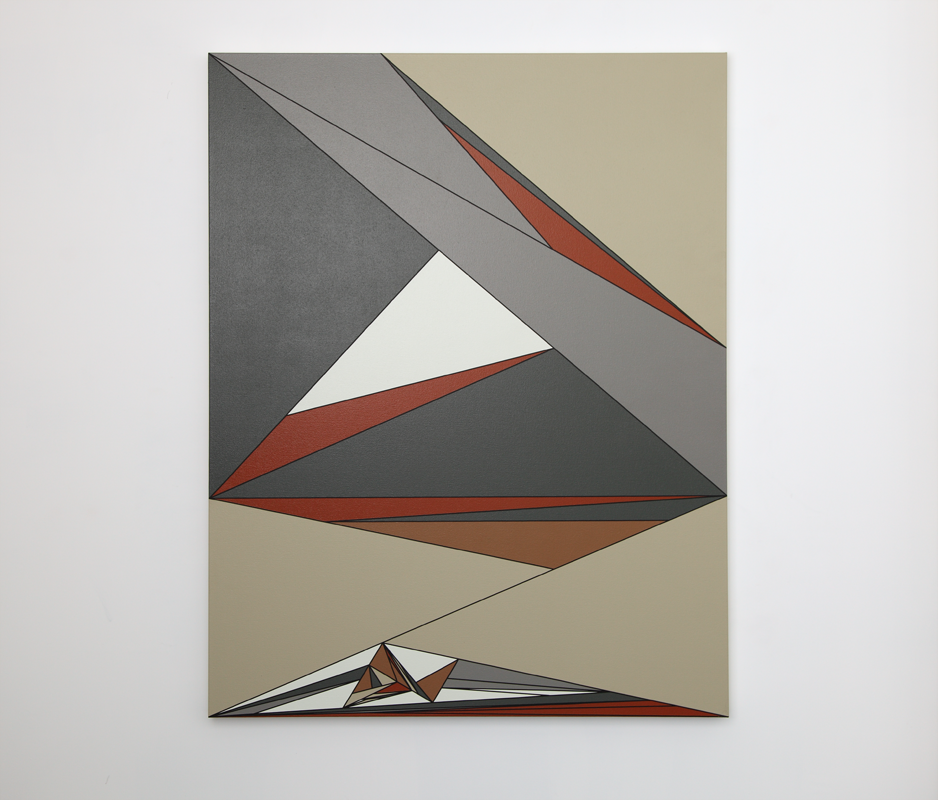 Painting comprising grey and brown coloured triangles meeting in acrylic paint