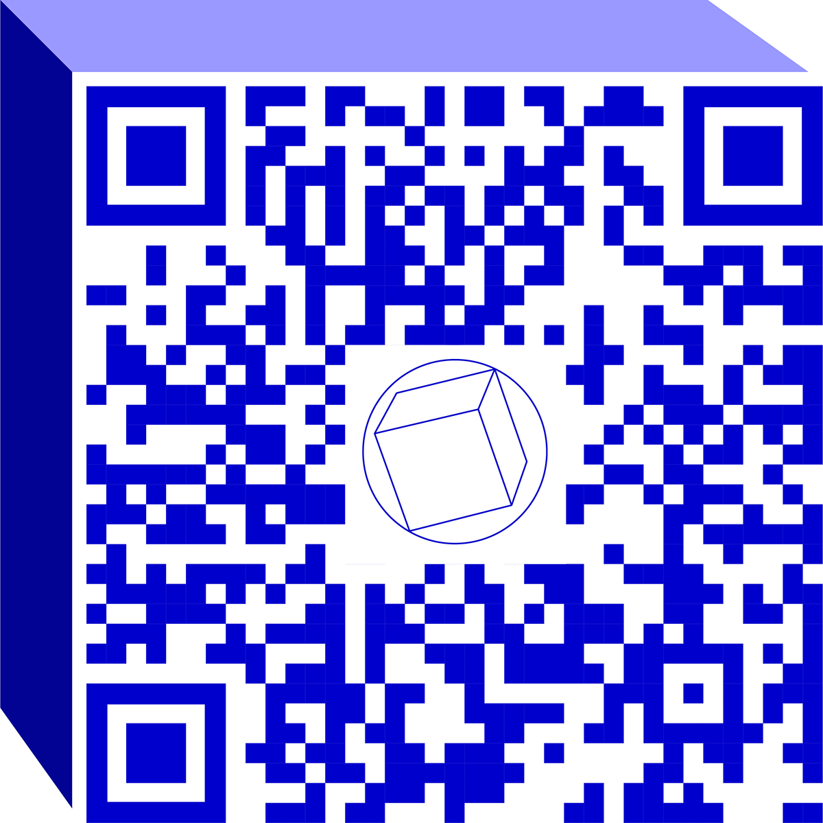 Blue QR code with cube inside circle at the centre