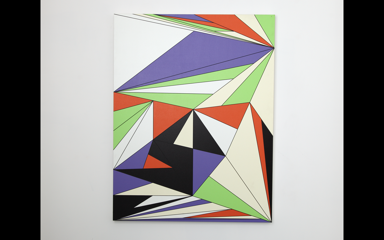 Painting on white wall comprising purple, green, orange and light coloured triangles