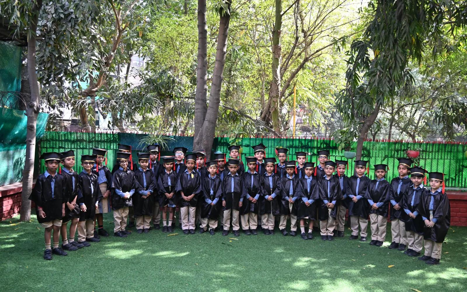 A class group gathered in the school garden