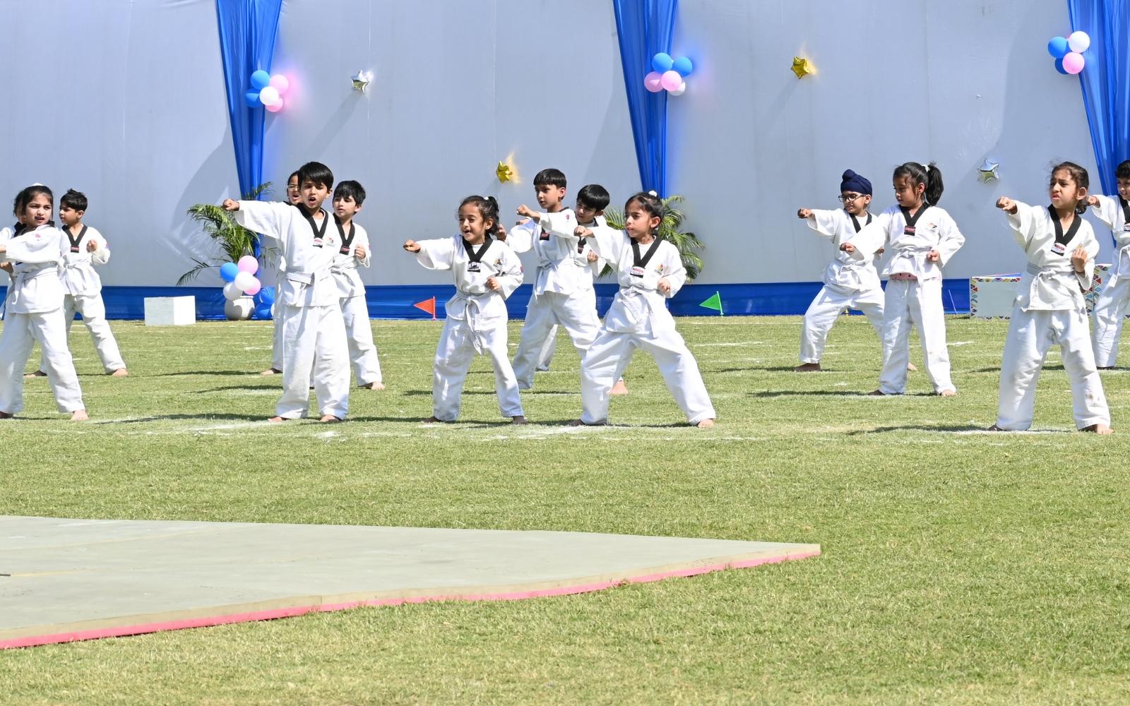 Children demonstrating Taekwondo on the school field
