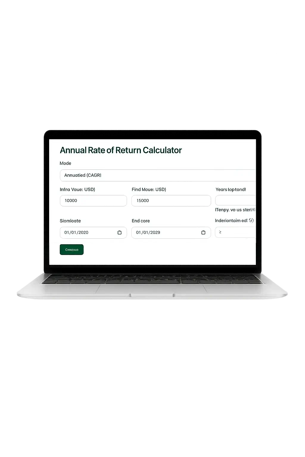 MacBook laptop centered showing Annual Rate of Return Calculator interface on a white screen, external background transparent PNG.