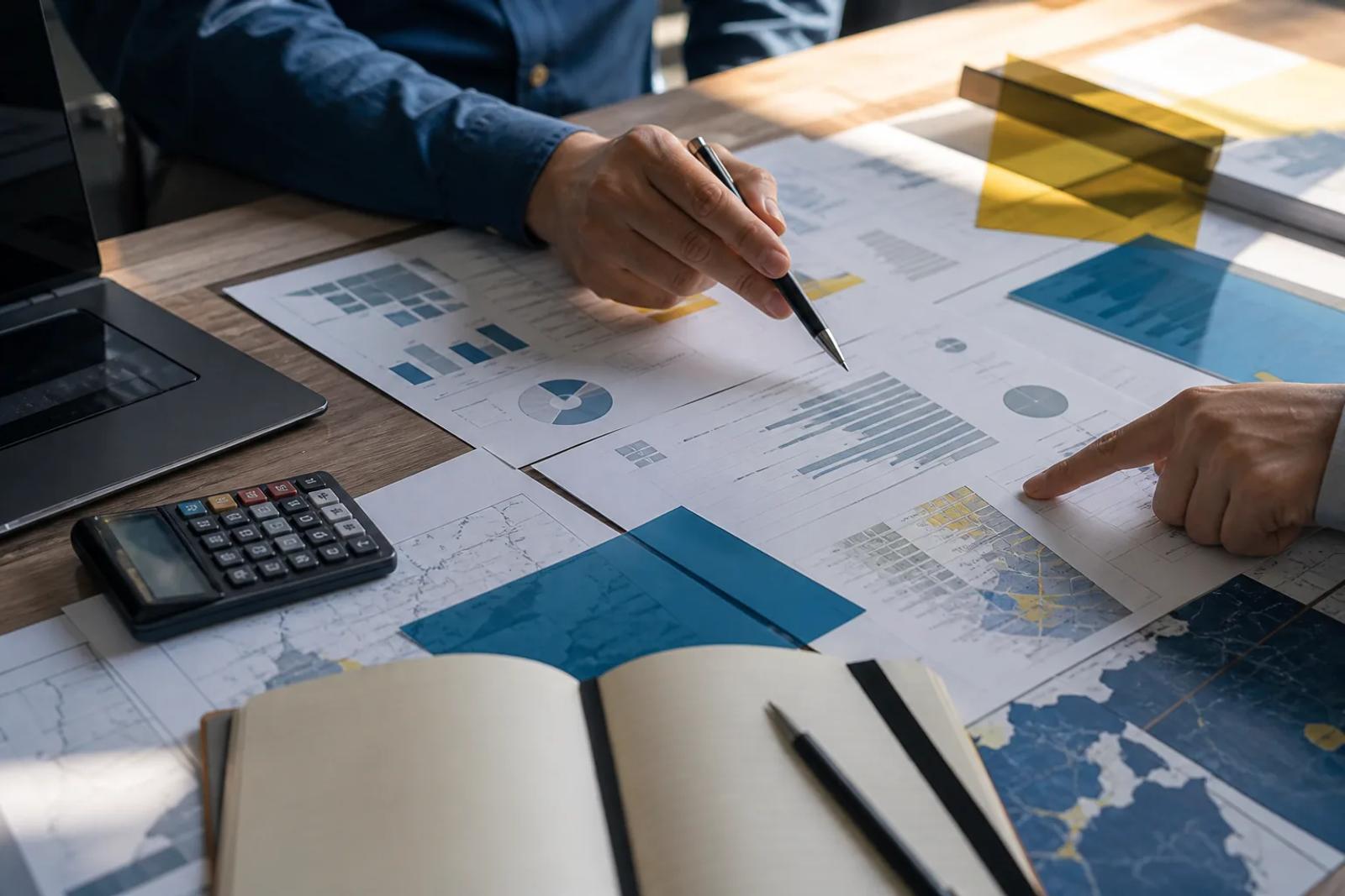 Mesa de trabajo con documentos de evaluación y financiamiento climático