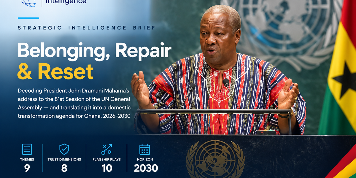 TRT Intelligence brief cover, "Belonging, Repair & Reset": President Mahama addressing the 81st UN General Assembly, with a Ghanaian flag beside him.