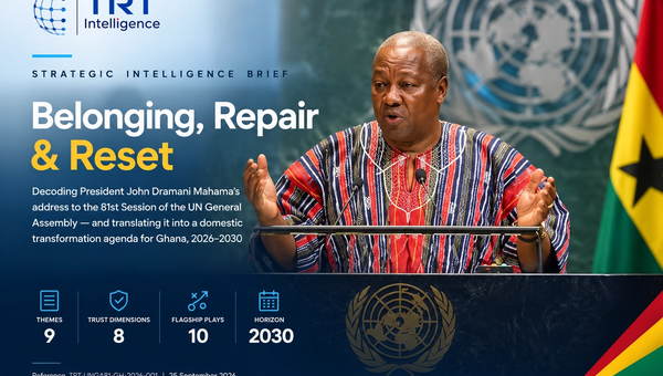TRT Intelligence brief cover, "Belonging, Repair & Reset": President Mahama addressing the 81st UN General Assembly, with a Ghanaian flag beside him.