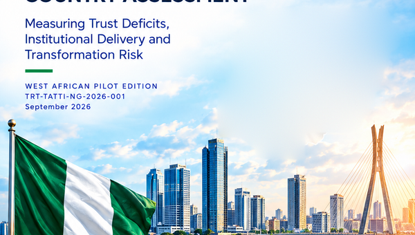 Cover of the TATTI™ Nigeria 2026 Country Assessment by TRT Intelligence, showing the Nigerian flag on a pole against a Lagos skyline and cable-stayed bridge at sunrise