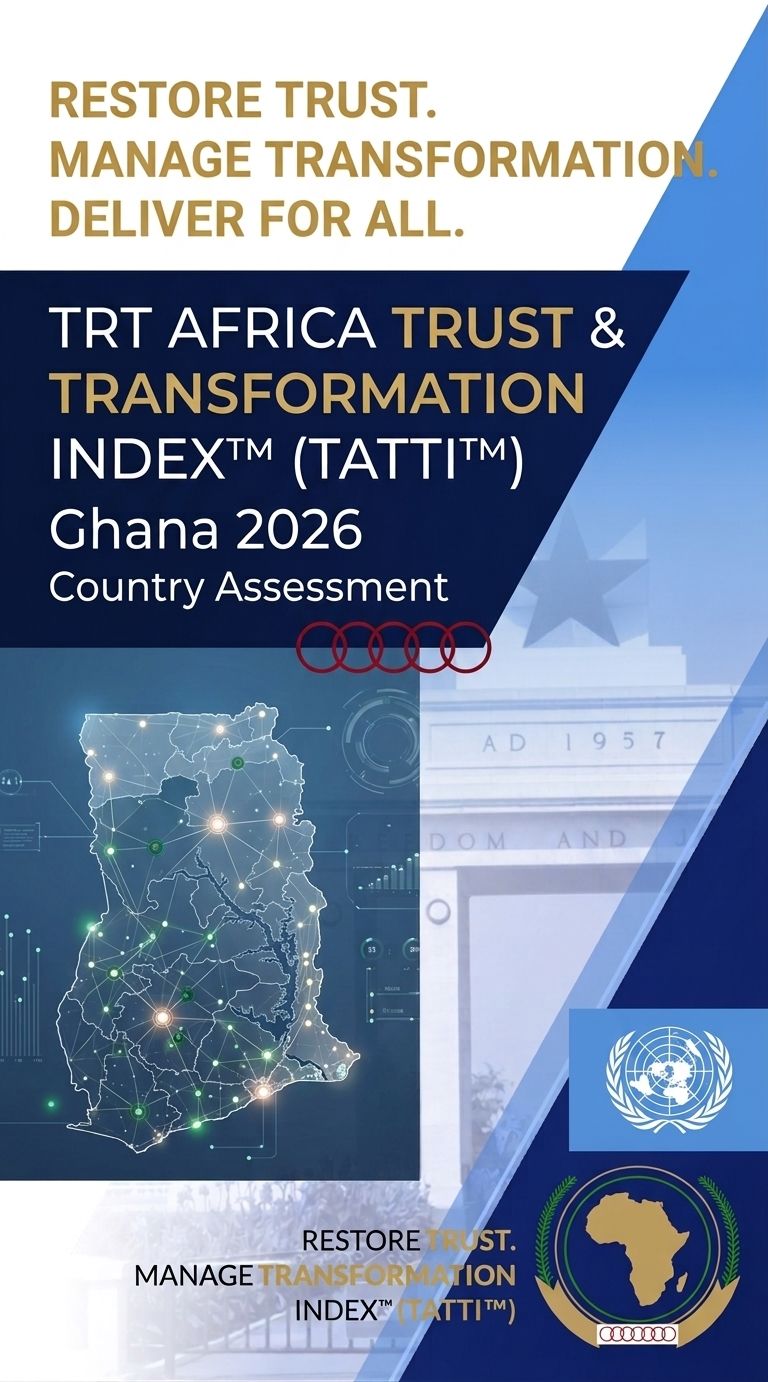 Front cover of the "TRT Africa Trust & Transformation Index Ghana 2026 Country Assessment" report, featuring a futuristic digital map of Ghana over a blue and gold layout.