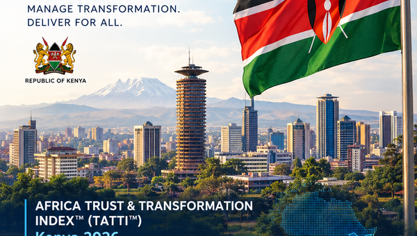 Cover of the TRT Intelligence "TATTI Kenya 2026 Country Assessment" report, showing the Kenyan flag over the Nairobi skyline with Mount Kenya behind it, the TRT Intelligence logo at top left, and score badges for TATTI, TRCS and TDG along the bottom.
