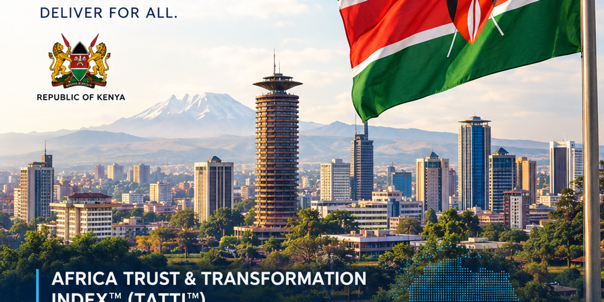 Cover of the TRT Intelligence "TATTI Kenya 2026 Country Assessment" report, showing the Kenyan flag over the Nairobi skyline with Mount Kenya behind it, the TRT Intelligence logo at top left, and score badges for TATTI, TRCS and TDG along the bottom.