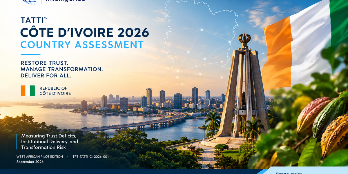 TRT Intelligence Institute™ cover for the TRT Africa Trust & Transformation Index™ (TATTI™) Côte d’Ivoire 2026 Country Assessment, featuring Côte d’Ivoire’s national flag, a modern Abidjan cityscape, a map of Côte d’Ivoire with digital network connections, and visual themes of trust, transformation, institutional delivery, and risk.