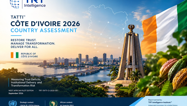 TRT Intelligence Institute™ cover for the TRT Africa Trust & Transformation Index™ (TATTI™) Côte d’Ivoire 2026 Country Assessment, featuring Côte d’Ivoire’s national flag, a modern Abidjan cityscape, a map of Côte d’Ivoire with digital network connections, and visual themes of trust, transformation, institutional delivery, and risk.
