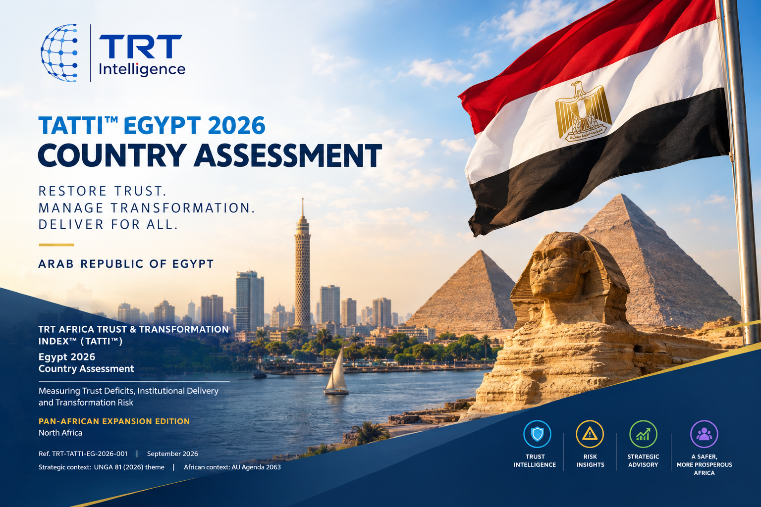TRT Intelligence cover for the TATTI Egypt 2026 Country Assessment, with the Egyptian flag, the Sphinx and pyramids, and the Cairo skyline along the Nile.