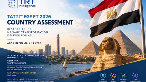 TRT Intelligence cover for the TATTI Egypt 2026 Country Assessment, with the Egyptian flag, the Sphinx and pyramids, and the Cairo skyline along the Nile.
