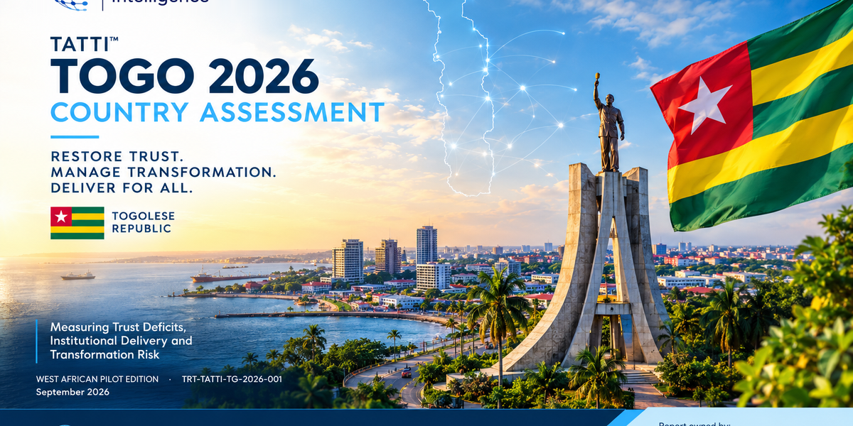 TRT Intelligence Institute™ cover for the TATTI™ Togo 2026 Country Assessment, featuring a panoramic Lomé cityscape, Togolese flag, Togo map with digital network connections, and messaging on trust, transformation, institutional delivery, and risk.