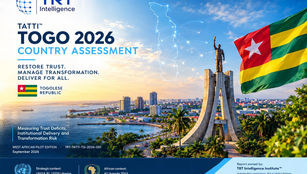 TRT Intelligence Institute™ cover for the TATTI™ Togo 2026 Country Assessment, featuring a panoramic Lomé cityscape, Togolese flag, Togo map with digital network connections, and messaging on trust, transformation, institutional delivery, and risk.