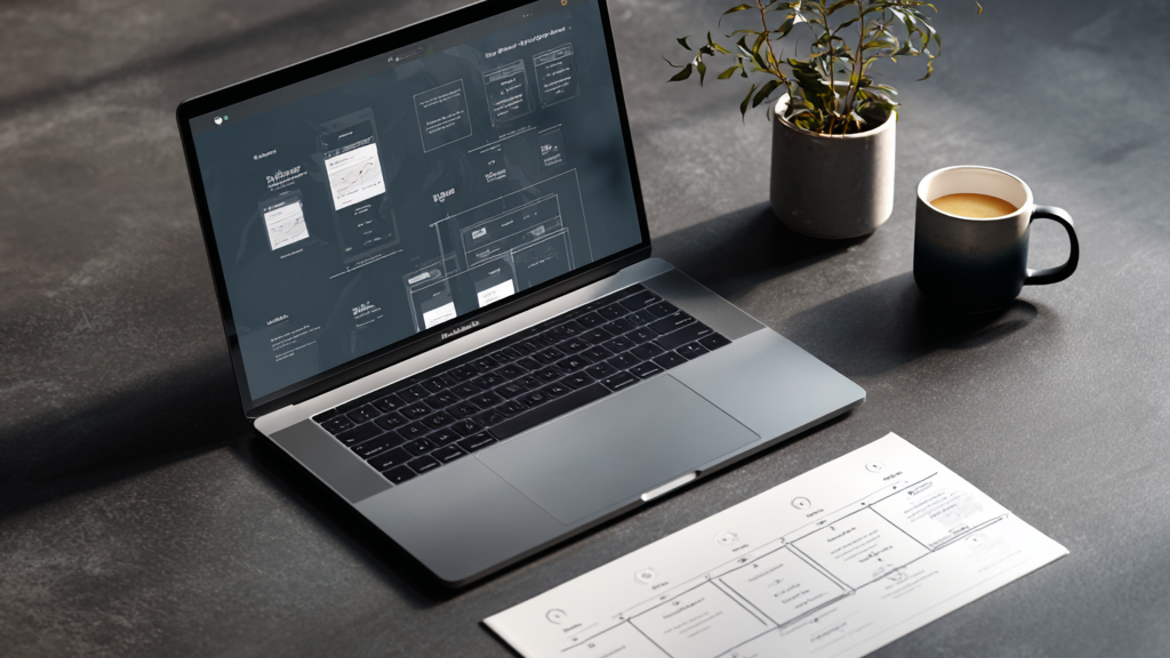 A laptop showing a website wireframe alongside a printed project timeline on a dark desk, representing the SmartWebForge web design process.
