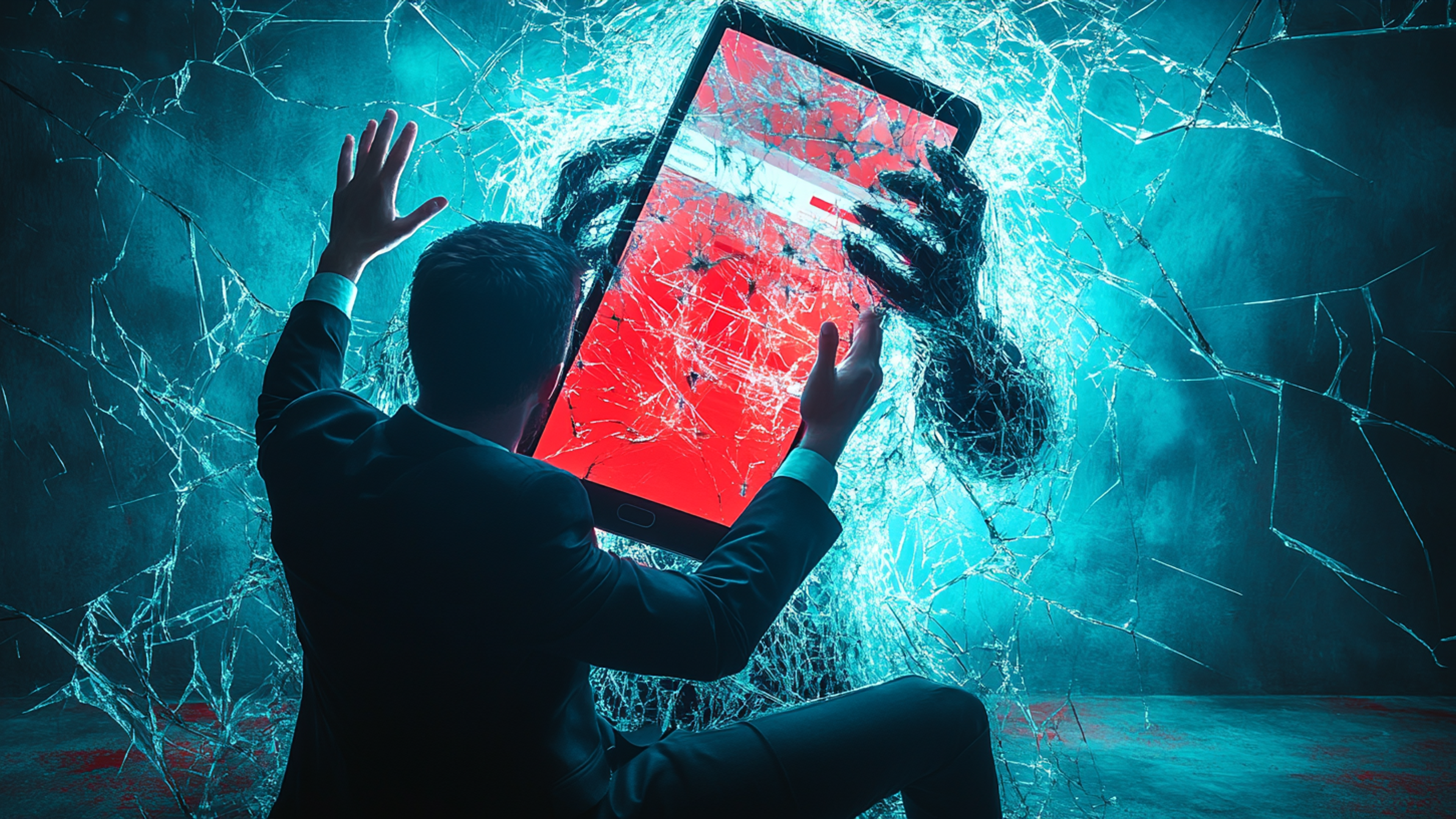 A business owner in a suit being overwhelmed by a giant animatronic smartphone displaying a broken website, representing how a bad website can take control of your business and cost you leads.