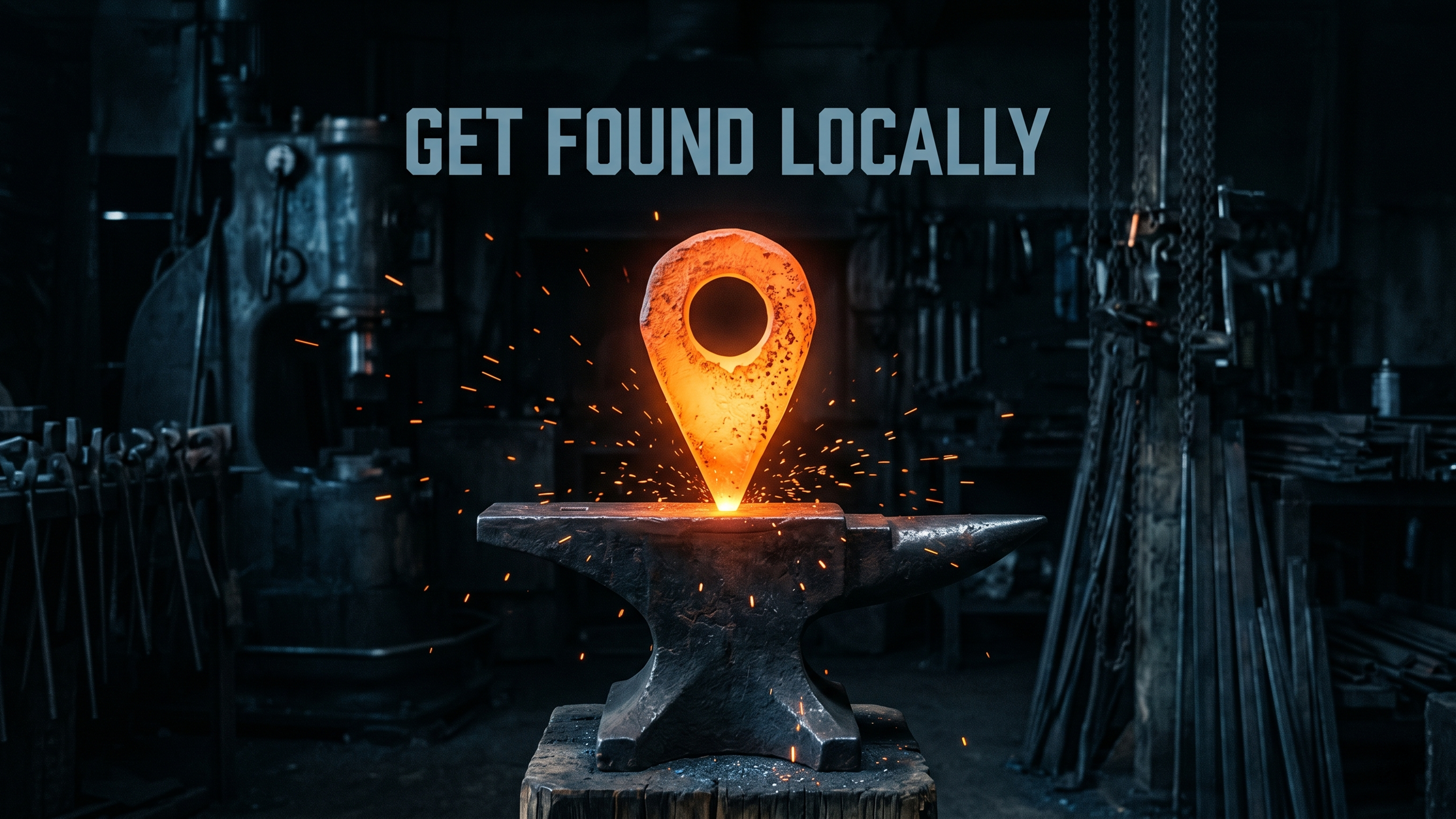 A glowing forged map pin planted in an anvil with the text get found locally, representing local SEO for small businesses.
