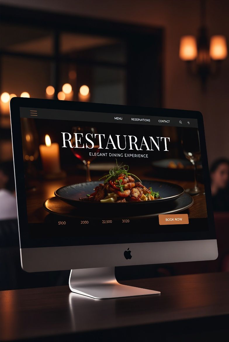 Restaurant website mockup displayed on an iMac in a candlelit setting