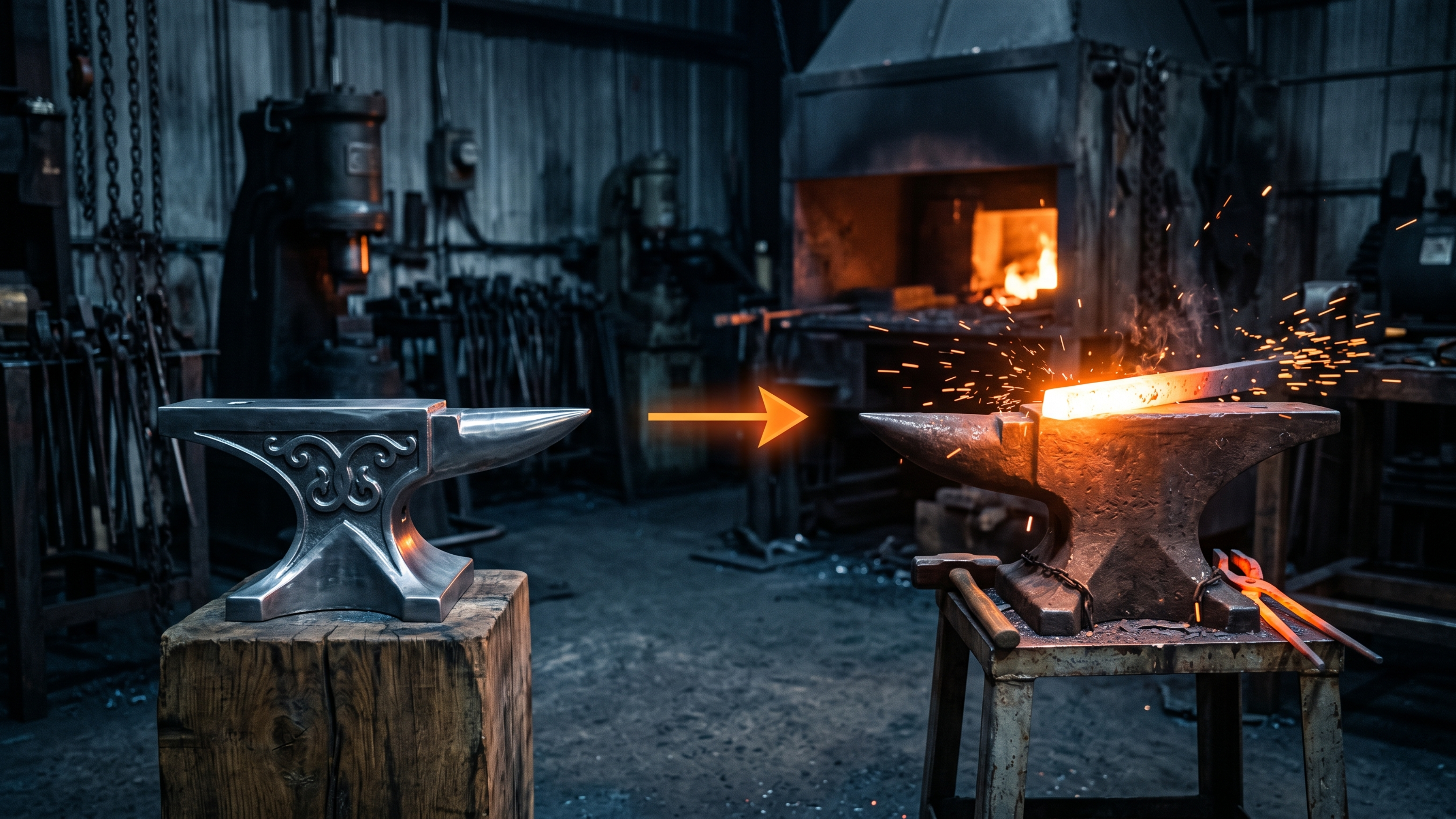 A polished cold anvil beside a plainer glowing working anvil, representing how a less pretty website can still outperform a better looking one.