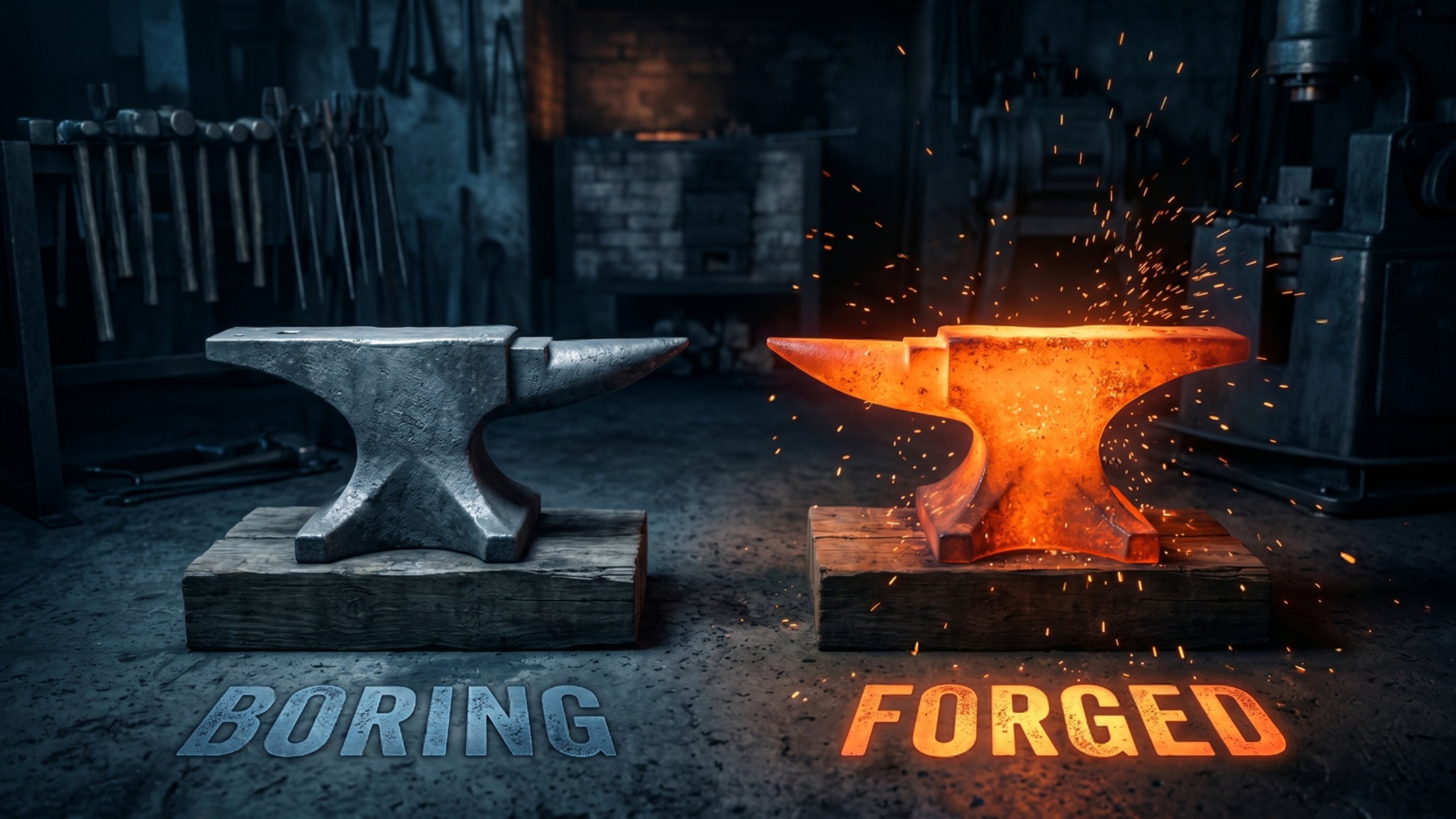 Two anvils compared, one cold and labeled boring, one glowing and forged, representing the difference between a forgettable website and a memorable one.