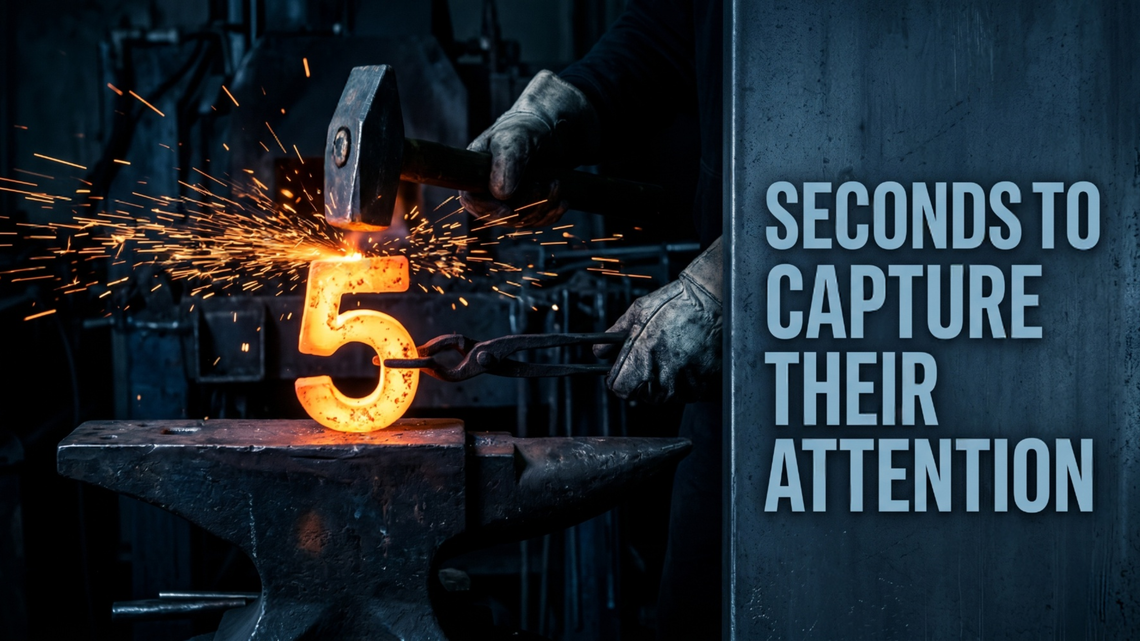 A glowing molten number five being forged on an anvil with sparks flying, representing the 5 seconds a homepage has to win a visitor.