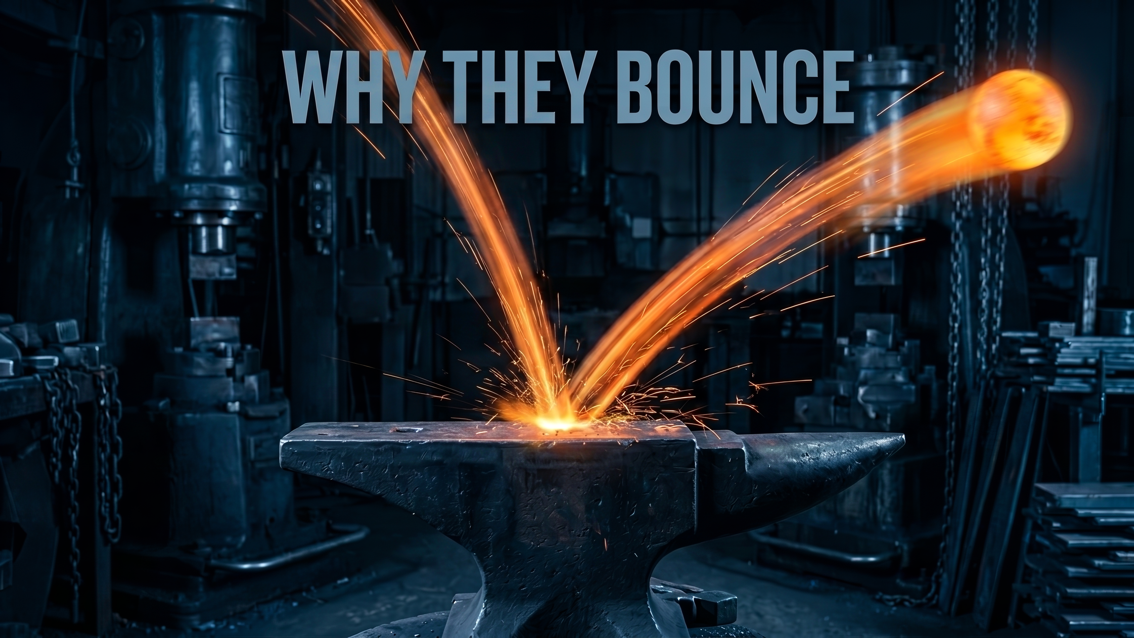 A glowing metal ball bouncing off an anvil and flying away with the text why they bounce, representing website bounce rate.