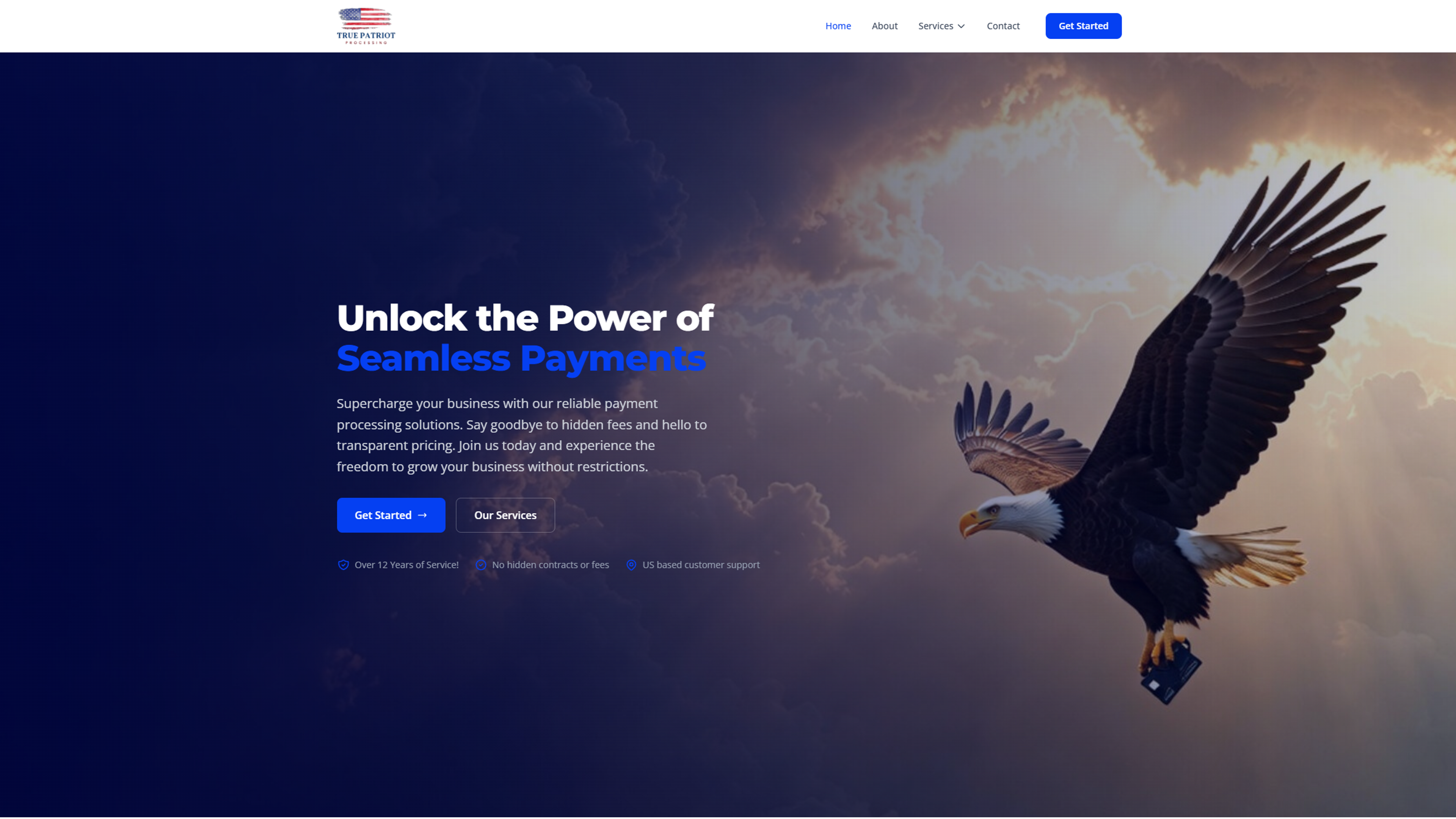 A bald eagle soaring through a blue sky with clouds, carrying a credit card in its talons