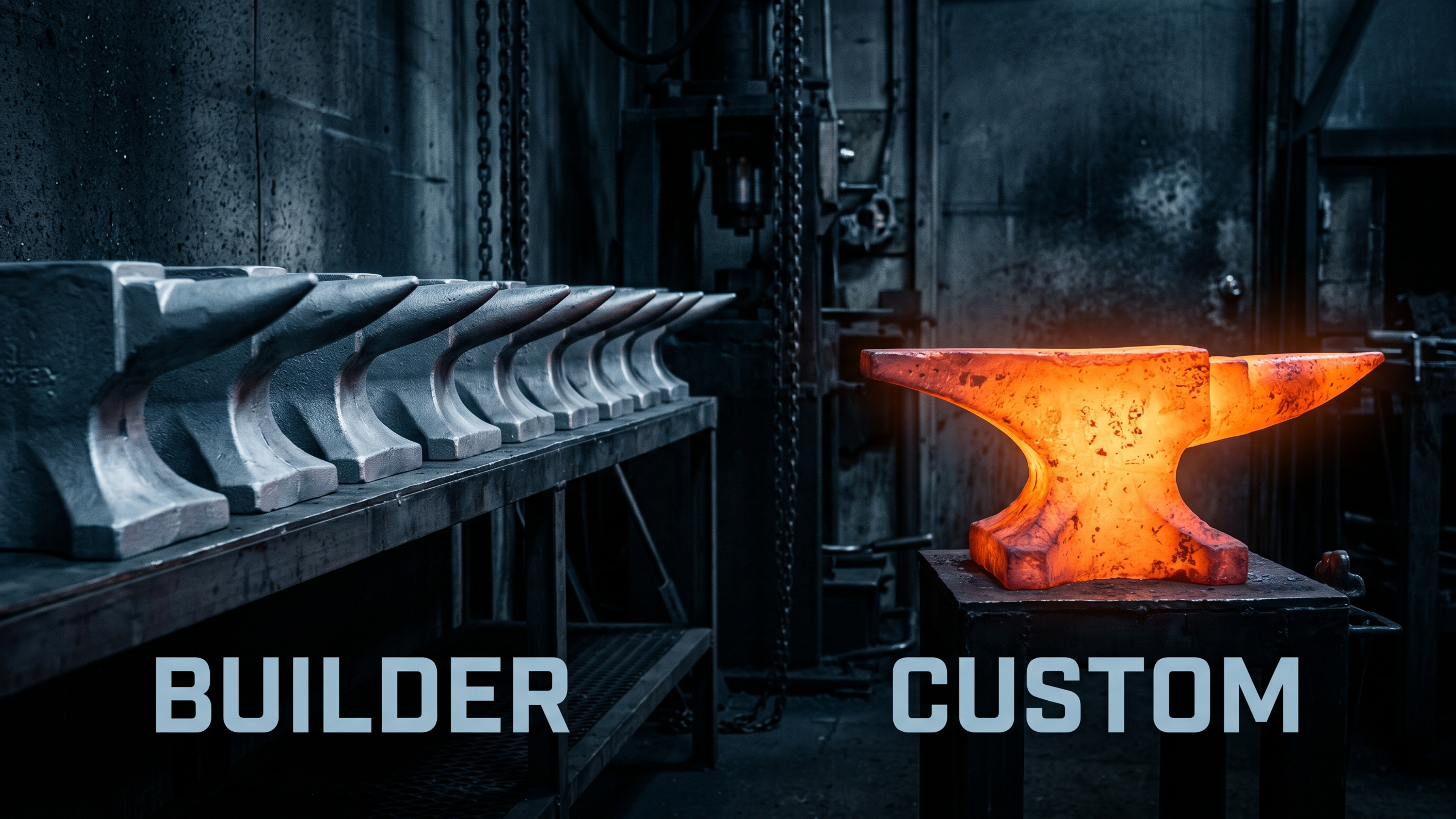 A row of identical anvils labeled builder beside a unique glowing forged anvil labeled custom, comparing website builders to custom websites.