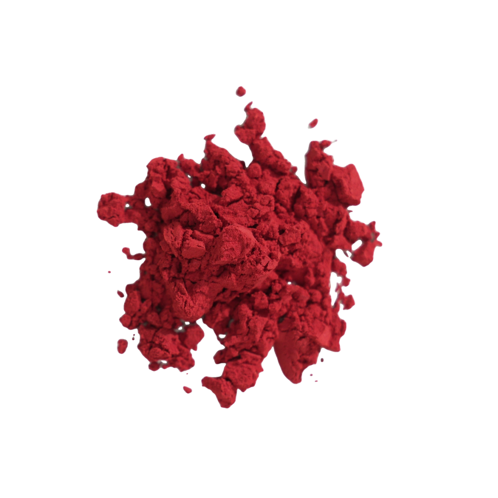 Irregular cluster of deep red powder, shown as a visual for PQQ.