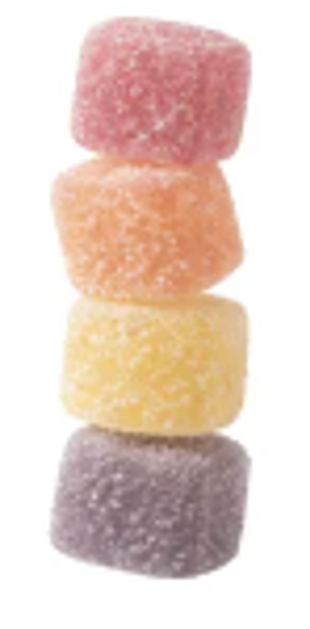 Four sugar-coated gummies stacked vertically in pink, orange, yellow, and purple.