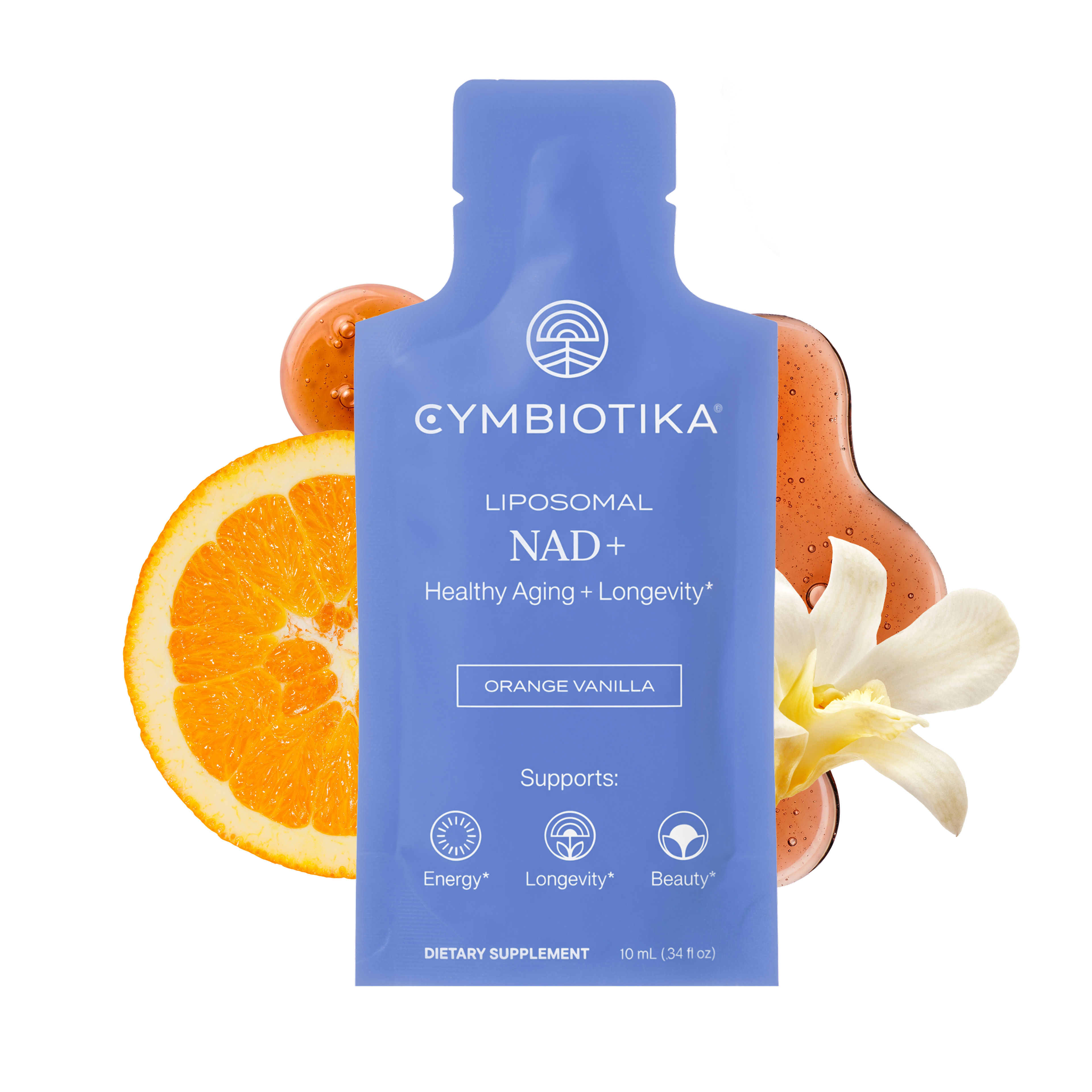 Blue Liposomal NAD+ packet shown with orange slices and white flowers.