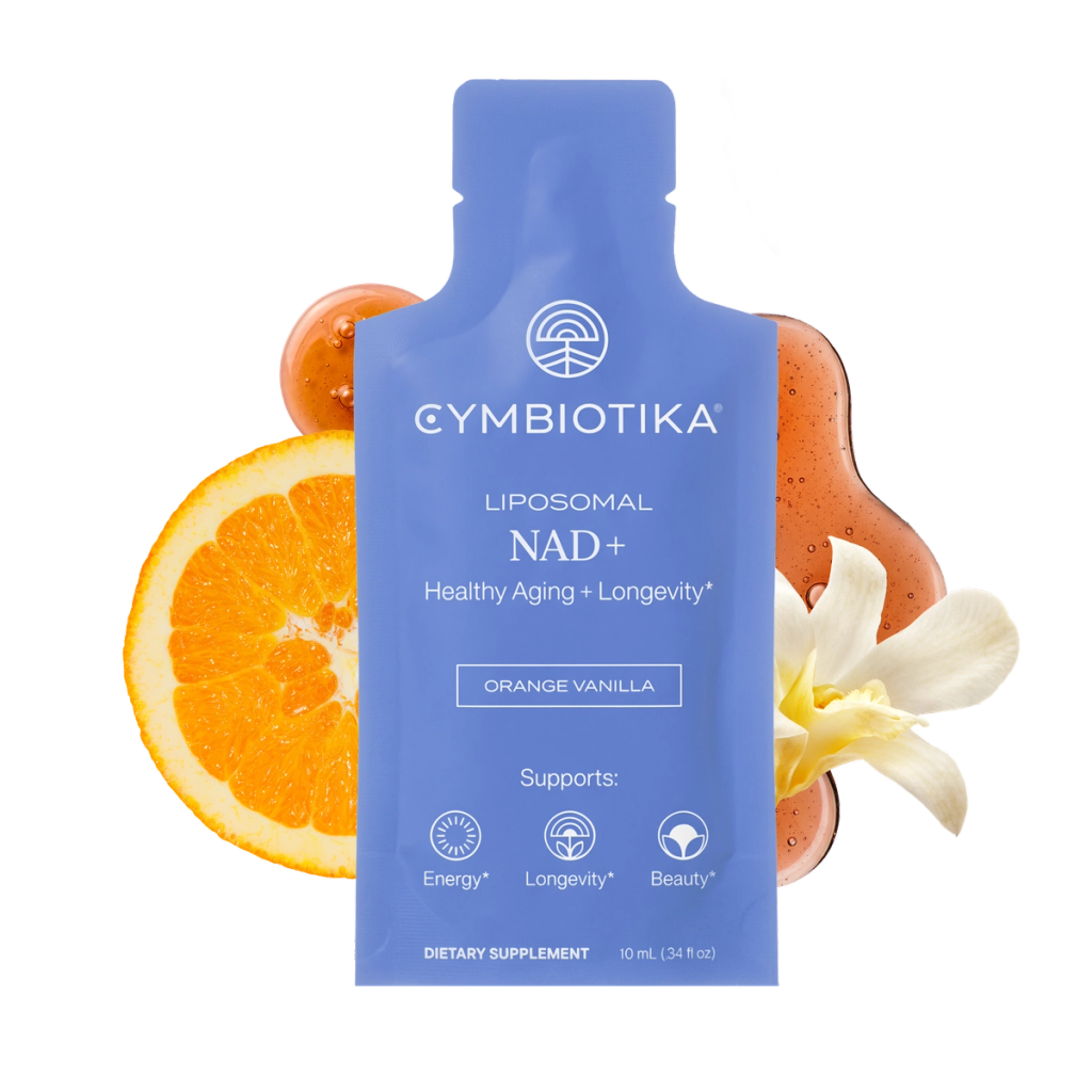 Blue Liposomal NAD+ packet shown with orange slices and white flowers.