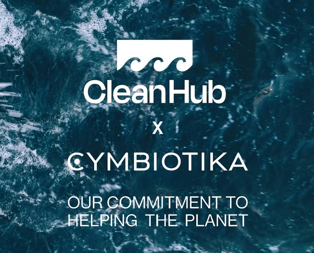 CleanHub and Cymbiotika partnership graphic over ocean water