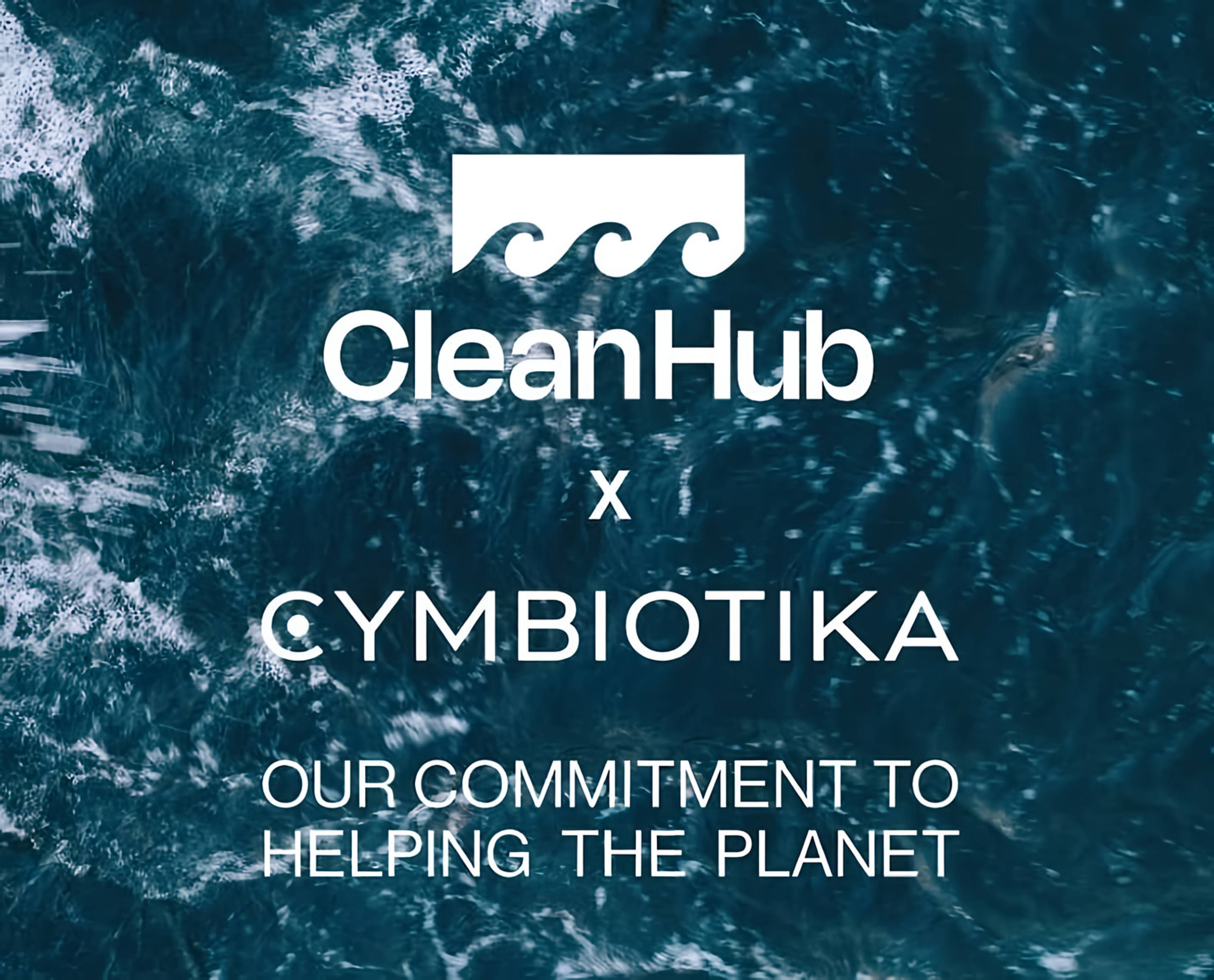 CleanHub and Cymbiotika partnership graphic over ocean water