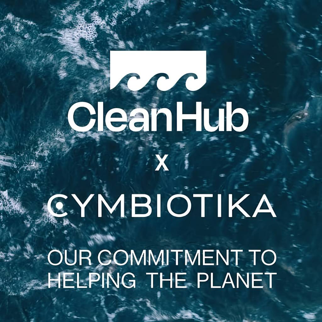 CleanHub and Cymbiotika partnership graphic over ocean water