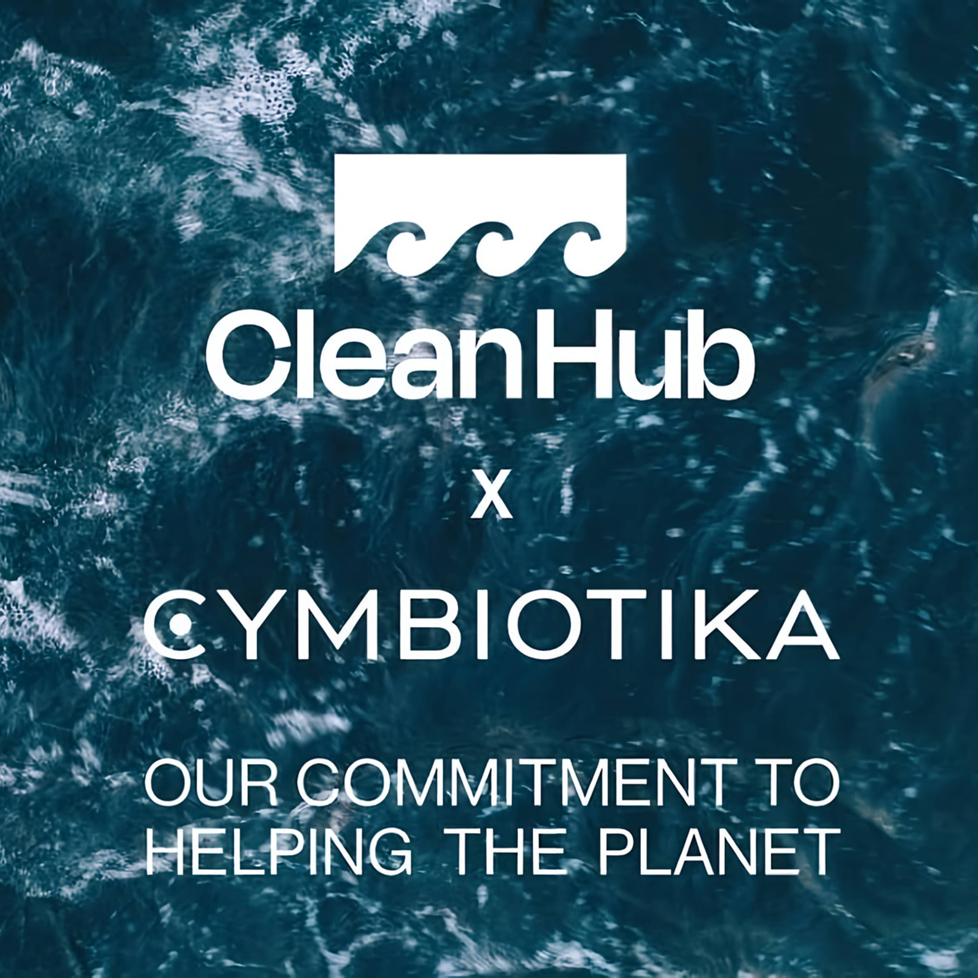 CleanHub and Cymbiotika partnership graphic over ocean water