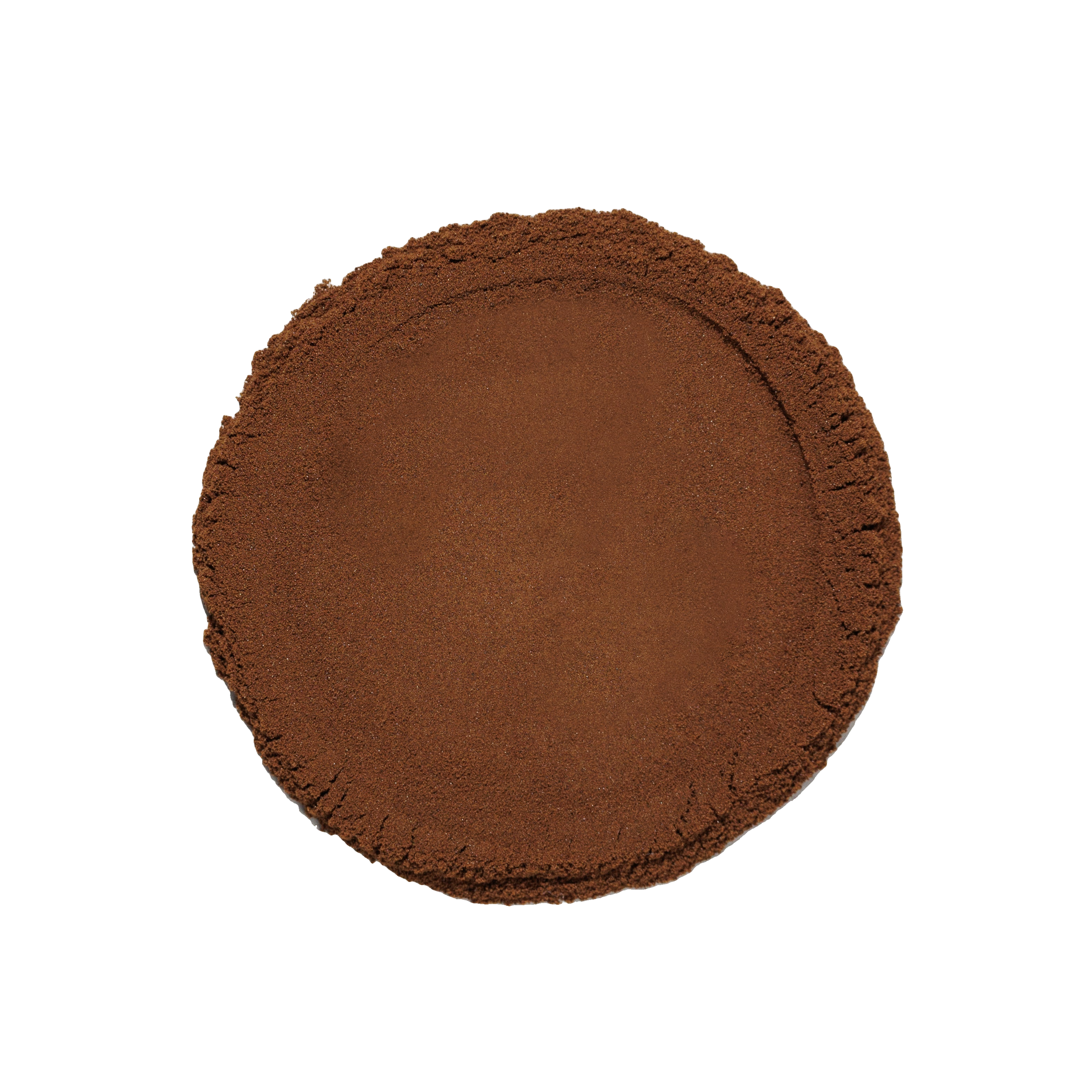A round mound of fine reddish-brown powder viewed from above.