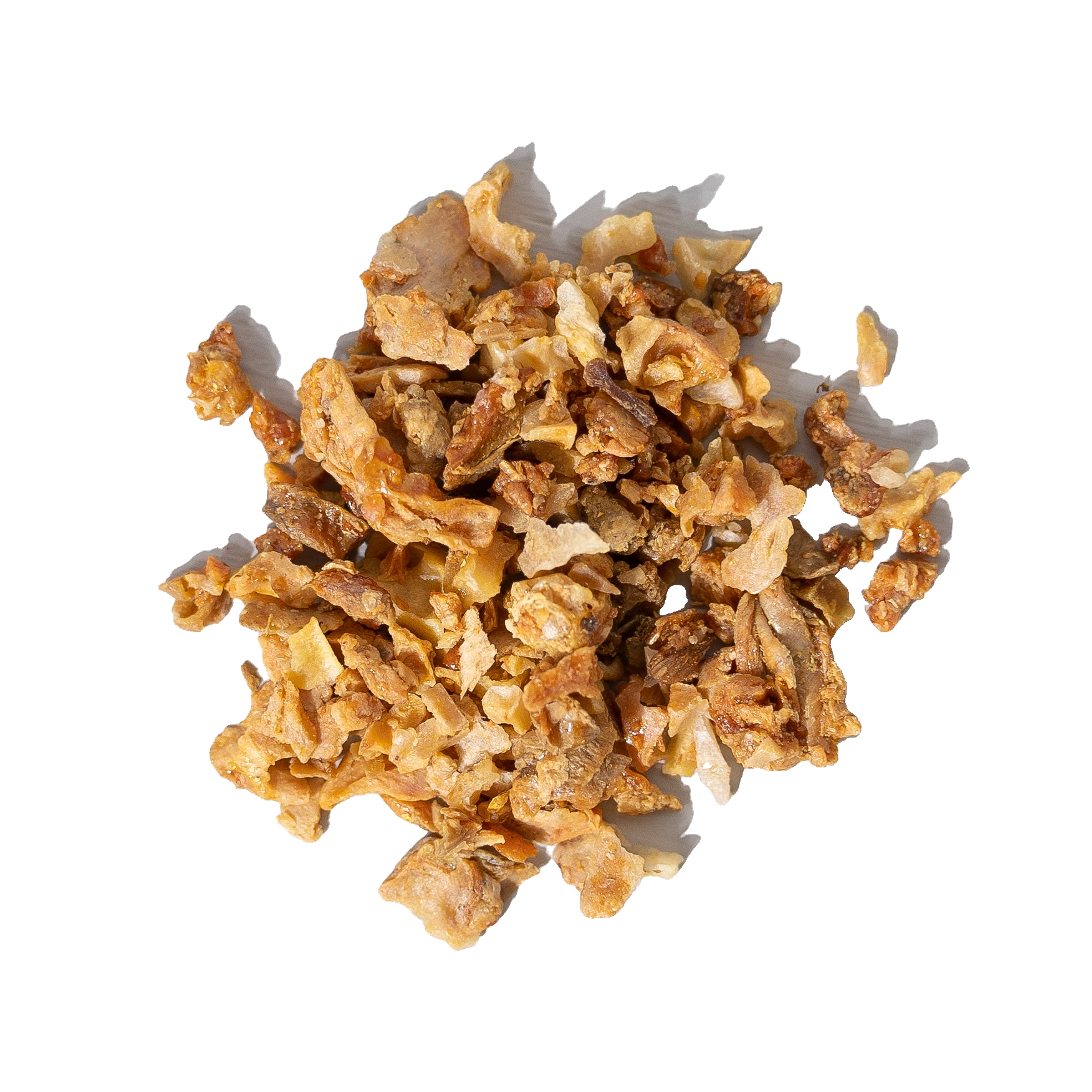 Pile of irregular amber-brown flakes accompanying information about CAPE.