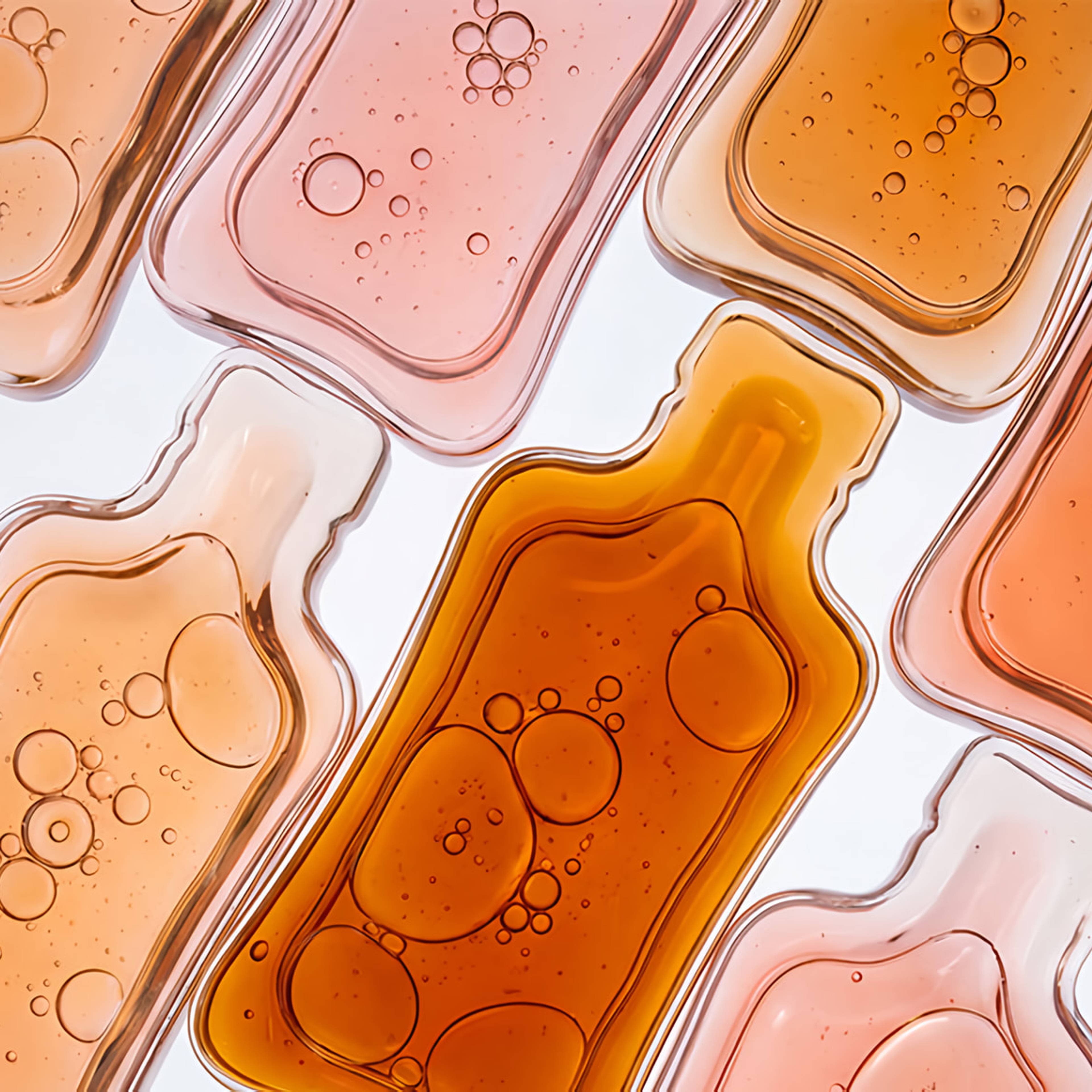 Overlapping translucent rounded shapes filled with amber, peach, and pink liquid, with air bubbles.