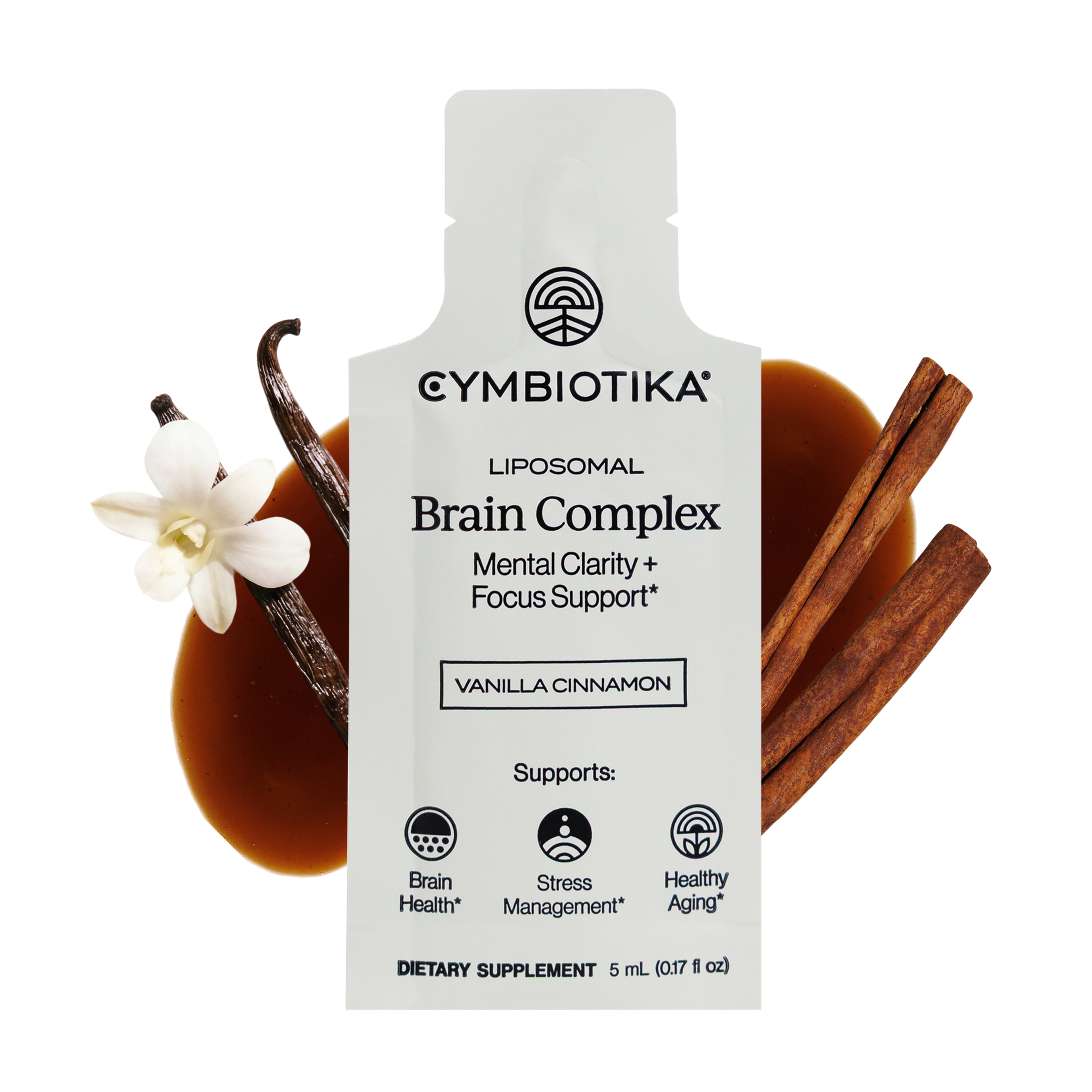 Cymbiotika Liposomal Brain Complex Vanilla Cinnamon pouch beside vanilla flower, cinnamon sticks, and brown liquid.