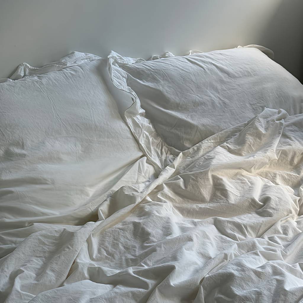 An unmade bed with rumpled white sheets and two pillows in soft daylight.