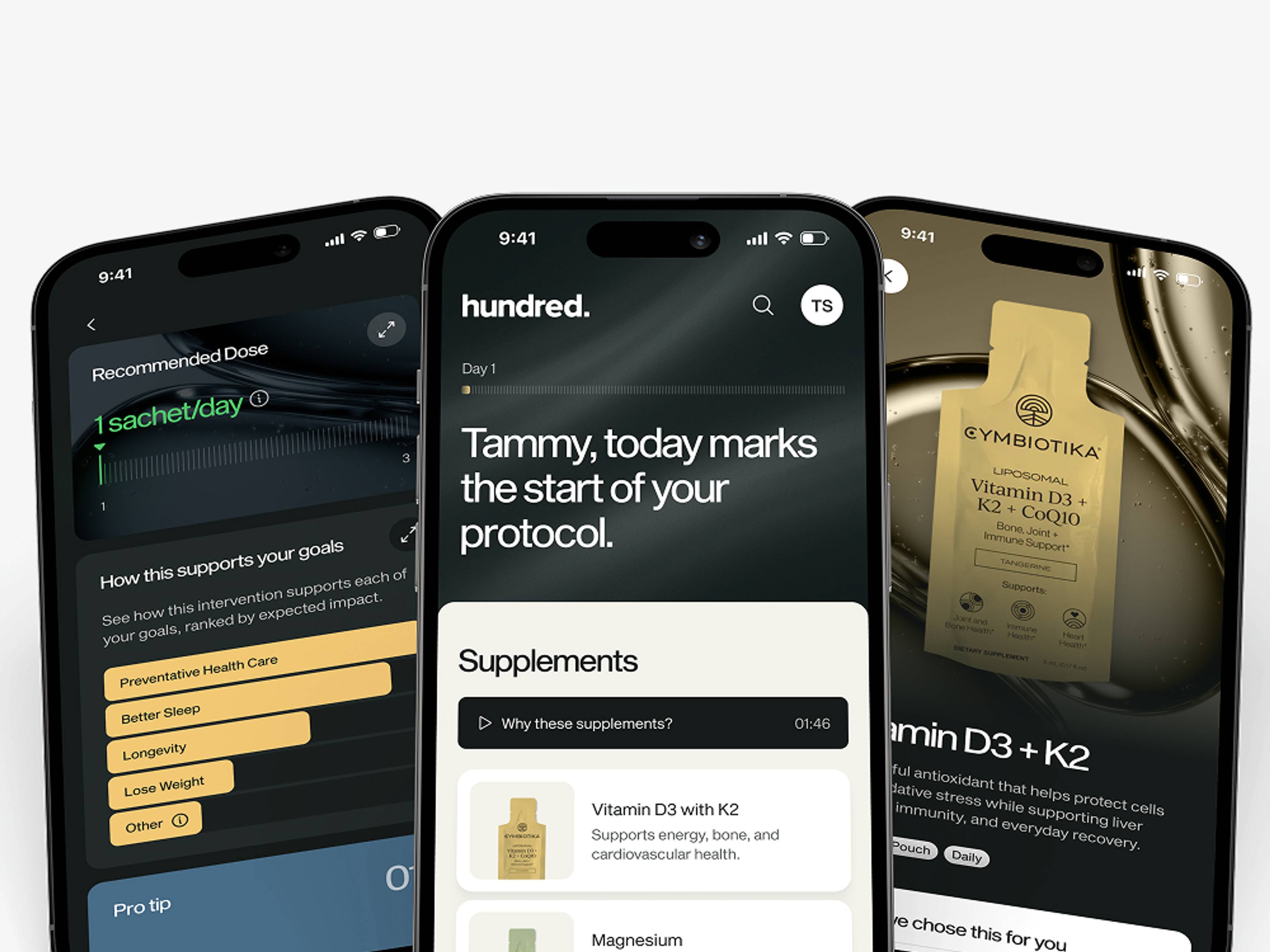 Three app screens show a personalized supplement protocol, including a dose recommendation, supplement list, and Vitamin D3 + K2 + CoQ10 pouch.