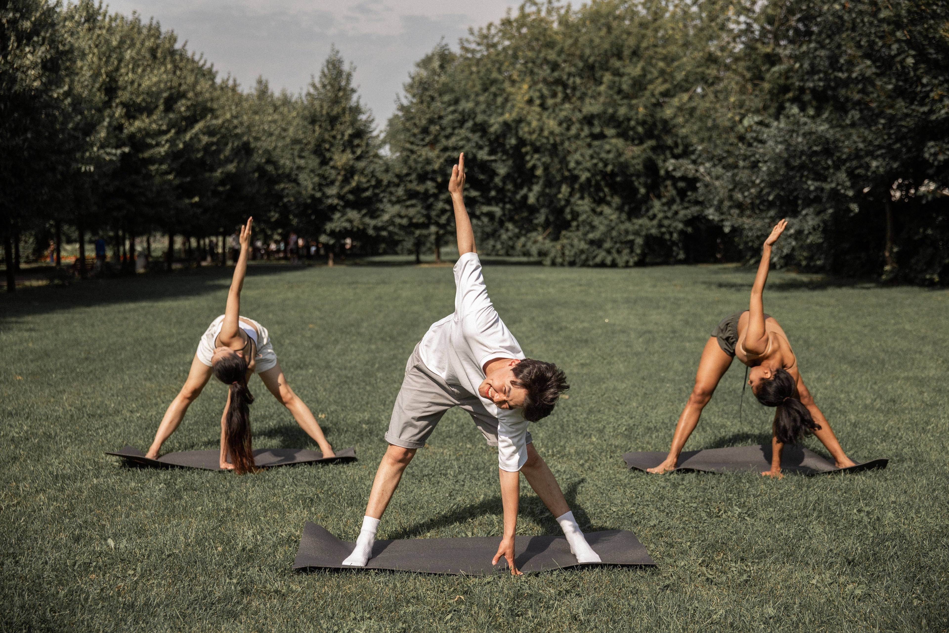 Three people stretching on yoga mats in a grassy park