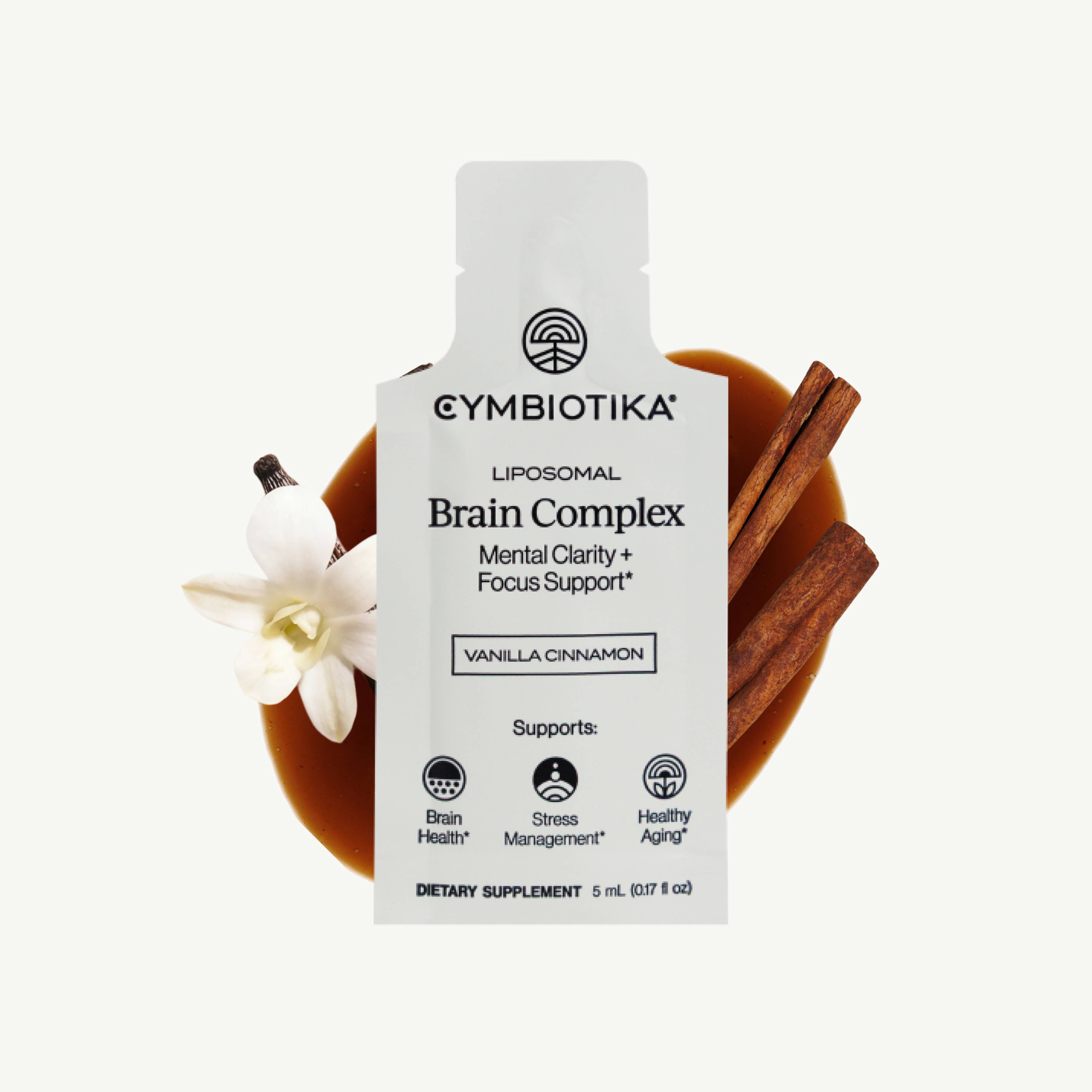 Liposomal Brain Complex Vanilla Cinnamon supplement pouch with cinnamon sticks and a white flower.