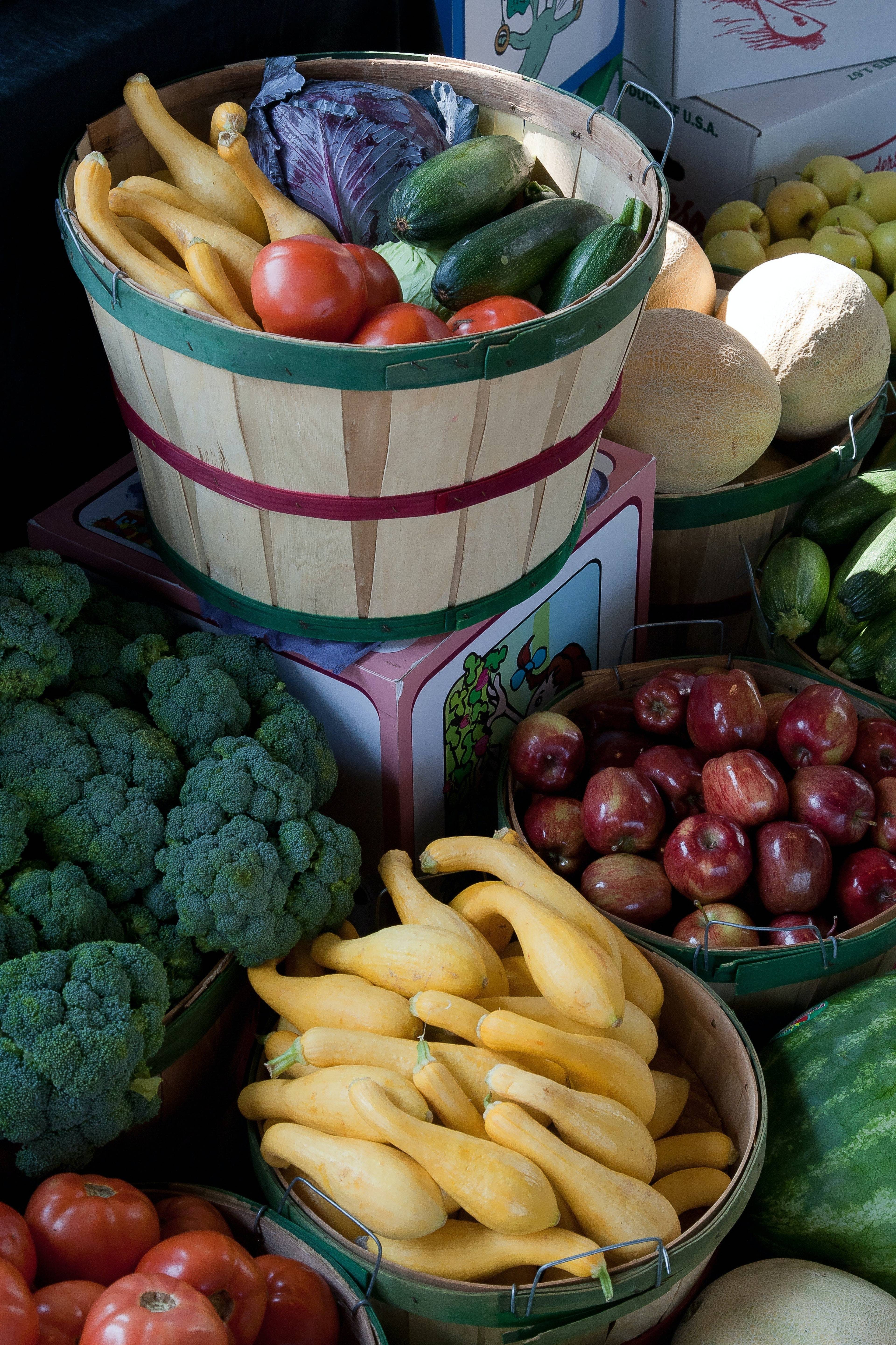 Baskets of squash, zucchini, tomatoes, broccoli, apples, melons, and watermelon at a farmers market.
